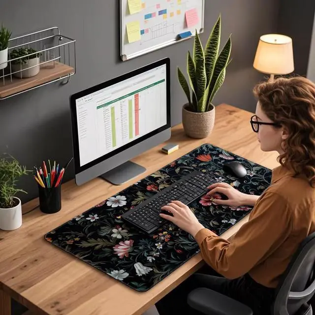 Alt view image 3 of 5 - Dark Floral Pattern Large Gaming Mouse Pad 31.5"x15.7"XXL Desk Mat, Non-Slip Rubber Base & Stitched Edges - Extended Waterproof Mousepad for PC/Laptop/Office/Home Decor