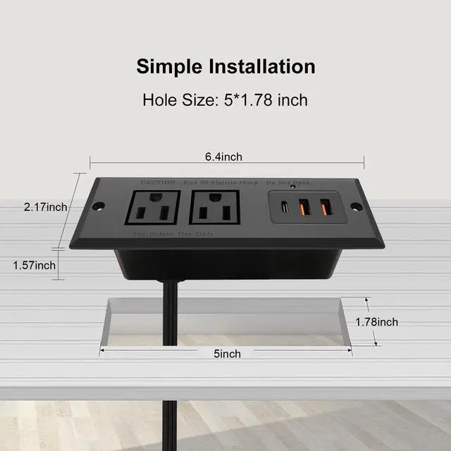 Alt view image 2 of 7 - 20W Recessed Power Strip USB C Fast Charge Desk Power Outlet Type C Flush Mounted Extension Power Plug for Conference Countertop Desktop Drawer Sofa ETL Listed (Black)