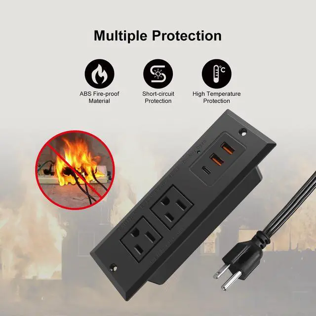 Alt view image 5 of 7 - 20W Recessed Power Strip USB C Fast Charge Desk Power Outlet Type C Flush Mounted Extension Power Plug for Conference Countertop Desktop Drawer Sofa ETL Listed (Black)