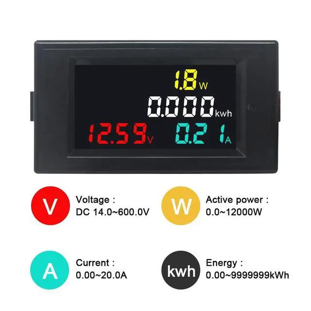 Alt view image 2 of 7 - Voltmeter Ammeter DC 14-600V 20A, 4 in 1 Multimeter Panel Kwh Volt Amp Watt Meter, Digital Power Meter Energy Monitor DC Current Meter with Built-in Shunt