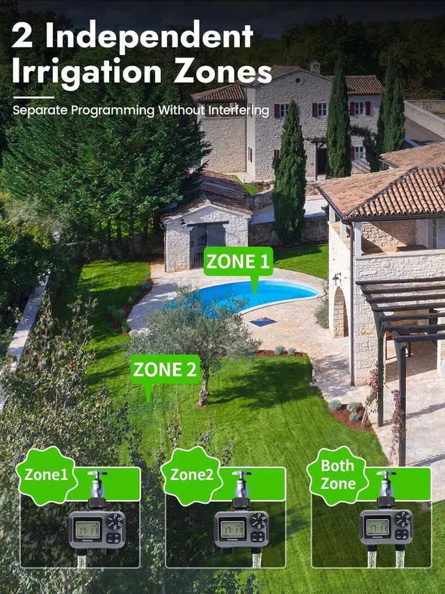 Main image of 2 Zone Water Timer, Programmable Irrigation Sprinkler Timer for Garden Hose, Outdoor Hose Faucet Timers with Rain Delay/Manual/Auto Modes, IPX5 Waterproof for Drip System & Lawn