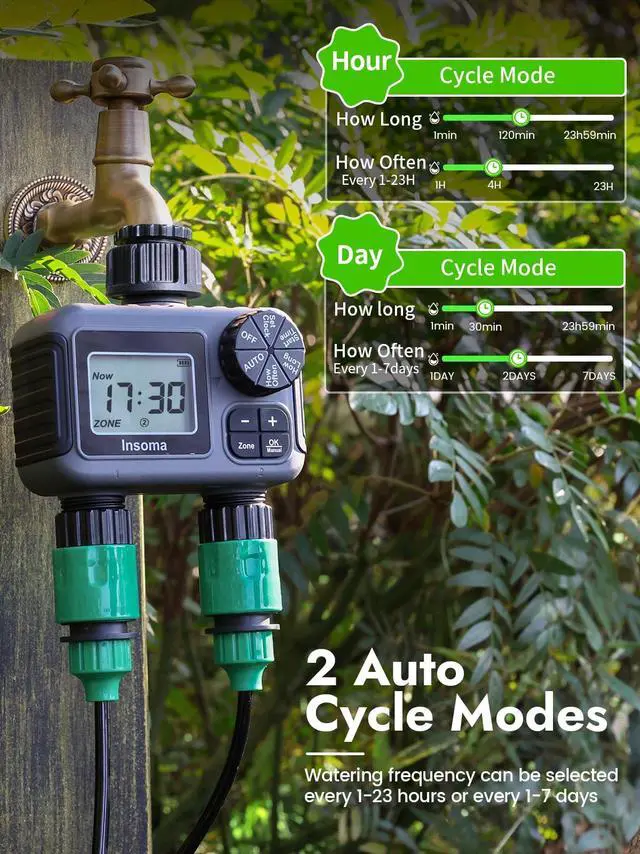 Alt view image 2 of 2 - 2 Zone Water Timer, Programmable Irrigation Sprinkler Timer for Garden Hose, Outdoor Hose Faucet Timers with Rain Delay/Manual/Auto Modes, IPX5 Waterproof for Drip System & Lawn