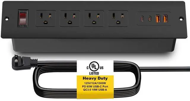 Main image of 65W USB C Recessed Power Strip, UL Listed Fast Charging Furniture Flush Mount Outlet with USB, Independent Overload Protection Switch with 4 AC Plugs, 2 USB-A,2 USB-C, 6ft SJT Power Cord