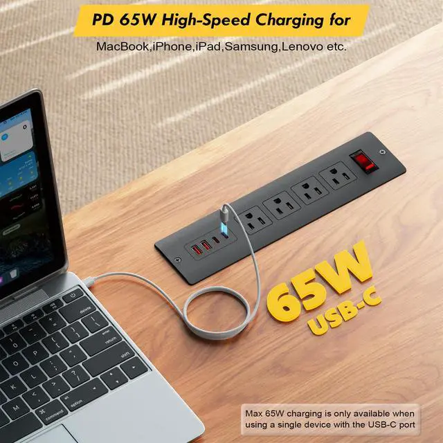 Alt view image 2 of 7 - 65W USB C Recessed Power Strip, UL Listed Fast Charging Furniture Flush Mount Outlet with USB, Independent Overload Protection Switch with 4 AC Plugs, 2 USB-A,2 USB-C, 6ft SJT Power Cord