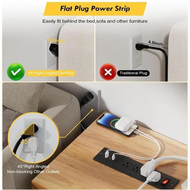 Alt view image 5 of 7 - 65W USB C Recessed Power Strip, UL Listed Fast Charging Furniture Flush Mount Outlet with USB, Independent Overload Protection Switch with 4 AC Plugs, 2 USB-A,2 USB-C, 6ft SJT Power Cord