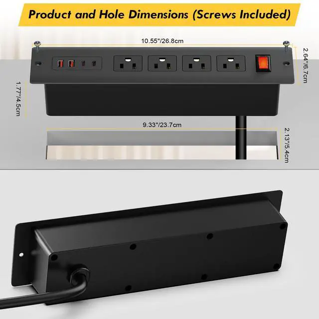 Alt view image 6 of 7 - 65W USB C Recessed Power Strip, UL Listed Fast Charging Furniture Flush Mount Outlet with USB, Independent Overload Protection Switch with 4 AC Plugs, 2 USB-A,2 USB-C, 6ft SJT Power Cord