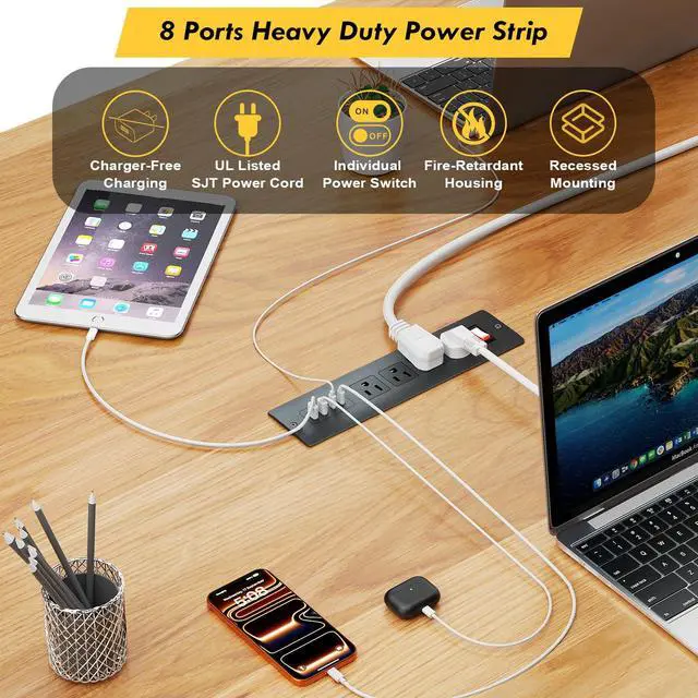 Alt view image 4 of 7 - 65W USB C Recessed Power Strip, UL Listed Fast Charging Furniture Flush Mount Outlet with USB, Independent Overload Protection Switch with 4 AC Plugs, 2 USB-A,2 USB-C, 6ft SJT Power Cord