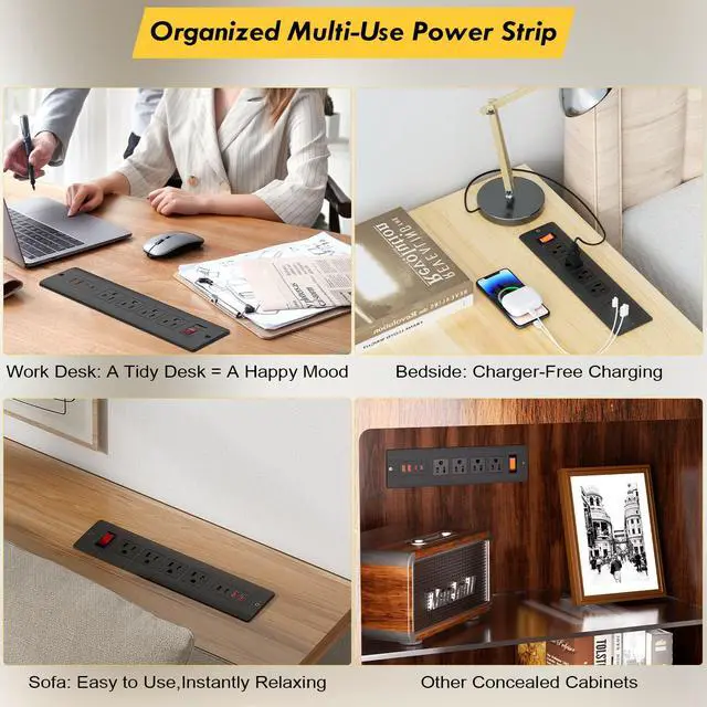 Alt view image 7 of 7 - 65W USB C Recessed Power Strip, UL Listed Fast Charging Furniture Flush Mount Outlet with USB, Independent Overload Protection Switch with 4 AC Plugs, 2 USB-A,2 USB-C, 6ft SJT Power Cord