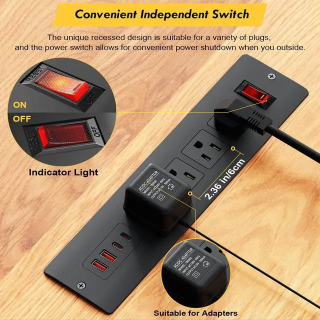 Alt view image 3 of 7 - 65W USB C Recessed Power Strip, UL Listed Fast Charging Furniture Flush Mount Outlet with USB, Independent Overload Protection Switch with 4 AC Plugs, 2 USB-A,2 USB-C, 6ft SJT Power Cord