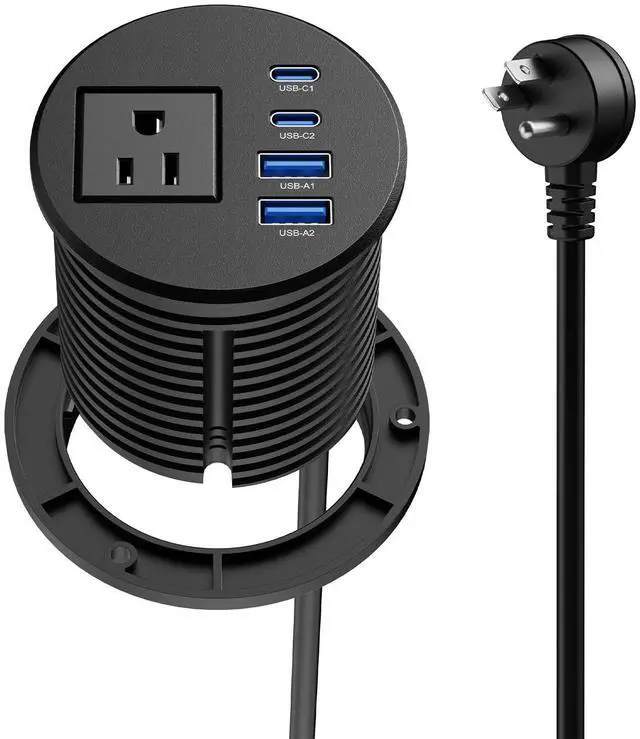 Main image of 2-1/2" Desk Power Grommet, PD 20W USB-C, 2 AC Outlets | Flush Mount Recessed Outlet for Home, Office, Conference Room, RV Table