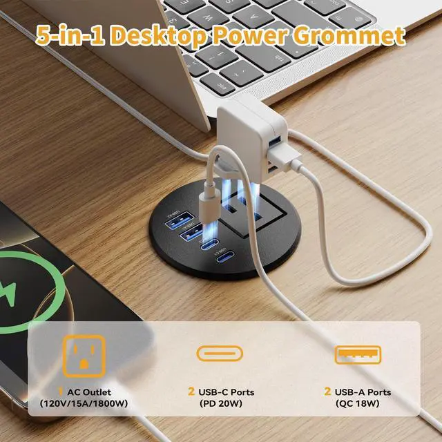 Alt view image 2 of 6 - 2-1/2" Desk Power Grommet, PD 20W USB-C, 2 AC Outlets | Flush Mount Recessed Outlet for Home, Office, Conference Room, RV Table