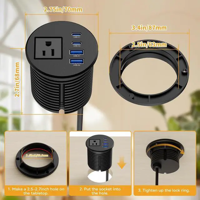 Alt view image 6 of 6 - 2-1/2" Desk Power Grommet, PD 20W USB-C, 2 AC Outlets | Flush Mount Recessed Outlet for Home, Office, Conference Room, RV Table