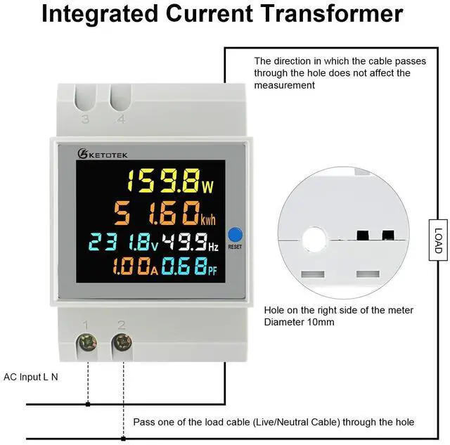 Alt view image 6 of 7 - Single Phase Energy Meter Din Rail Electricity Usage Monitor AC 40-300V 100A Voltmeter Ammeter Watt Kwh Frequency Power Meter Built-in CT 110V