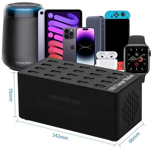 Alt view image 3 of 7 - Charging Station, 100W 20-Port USB Multi Device Charger Hub with Intelligent Safety Features, Compact Power Strip for Phones, Watches, Pads, Speakers, Headphones & PS, Ideal for Home Office & Travel