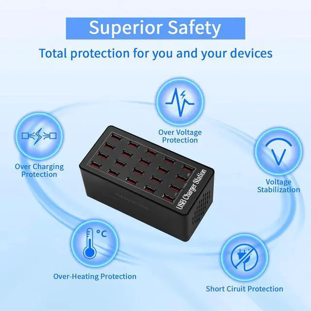 Alt view image 4 of 7 - Charging Station, 100W 20-Port USB Multi Device Charger Hub with Intelligent Safety Features, Compact Power Strip for Phones, Watches, Pads, Speakers, Headphones & PS, Ideal for Home Office & Travel