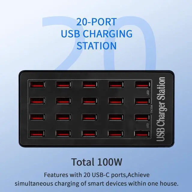 Alt view image 7 of 7 - Charging Station, 100W 20-Port USB Multi Device Charger Hub with Intelligent Safety Features, Compact Power Strip for Phones, Watches, Pads, Speakers, Headphones & PS, Ideal for Home Office & Travel