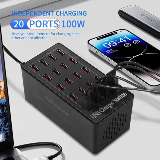 Alt view image 6 of 7 - Charging Station, 100W 20-Port USB Multi Device Charger Hub with Intelligent Safety Features, Compact Power Strip for Phones, Watches, Pads, Speakers, Headphones & PS, Ideal for Home Office & Travel