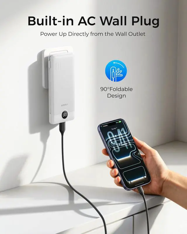 Alt view image 2 of 7 - Portable Charger with Built-in AC Plug and Cables, All in One 10000mAh Ultra Slim Power Bank Travel Essentials, USB C External Battery Pack Compatible with iPhone, Samsung, More, White