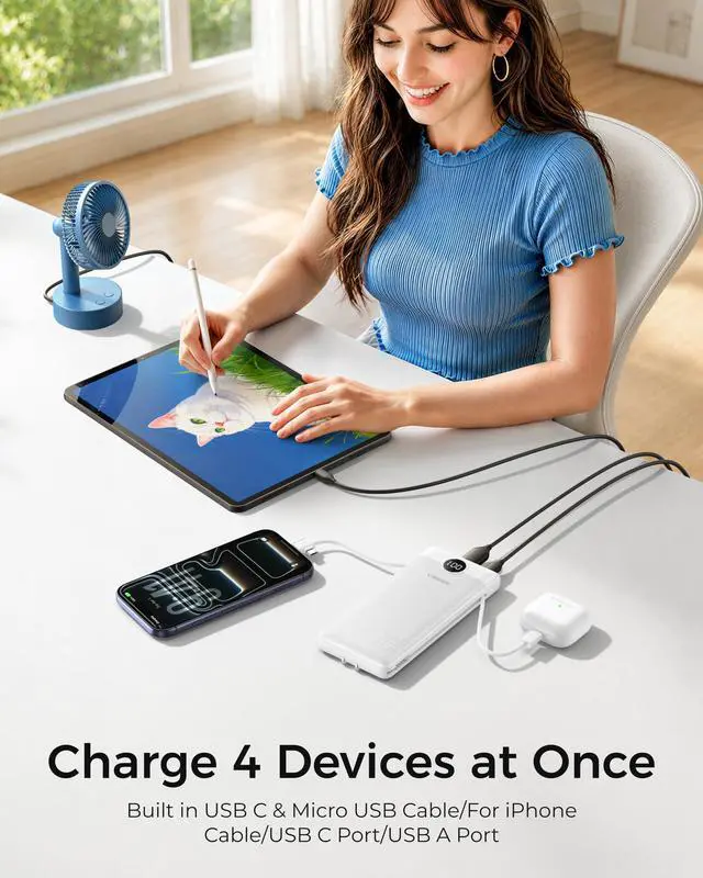 Alt view image 3 of 7 - Portable Charger with Built-in AC Plug and Cables, All in One 10000mAh Ultra Slim Power Bank Travel Essentials, USB C External Battery Pack Compatible with iPhone, Samsung, More, White