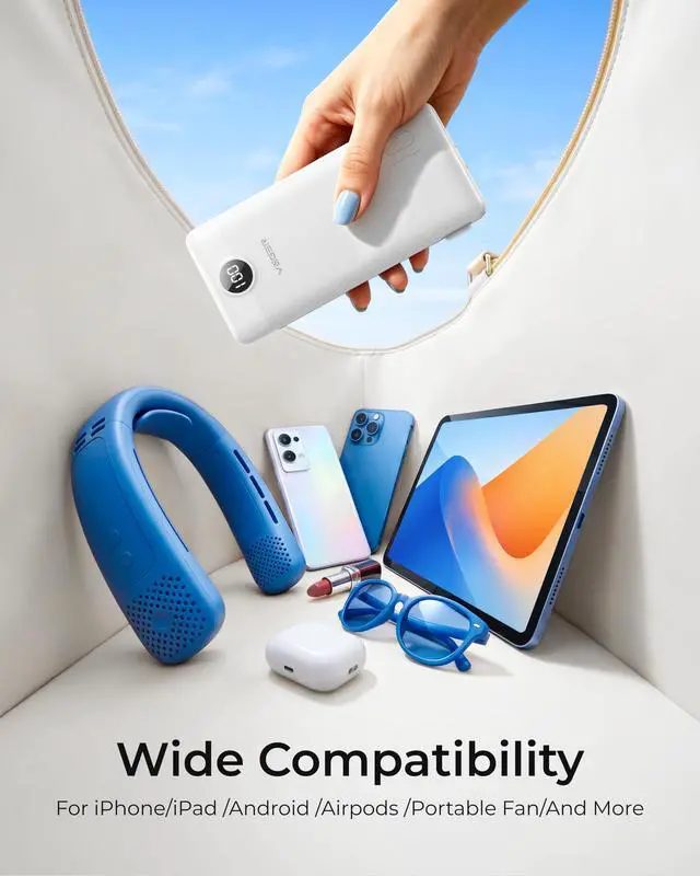 Alt view image 4 of 7 - Portable Charger with Built-in AC Plug and Cables, All in One 10000mAh Ultra Slim Power Bank Travel Essentials, USB C External Battery Pack Compatible with iPhone, Samsung, More, White