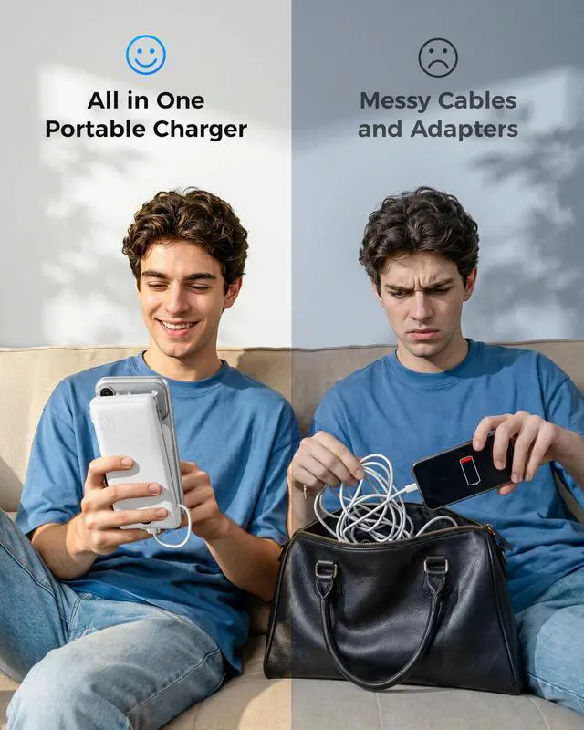 Alt view image 6 of 7 - Portable Charger with Built-in AC Plug and Cables, All in One 10000mAh Ultra Slim Power Bank Travel Essentials, USB C External Battery Pack Compatible with iPhone, Samsung, More, White