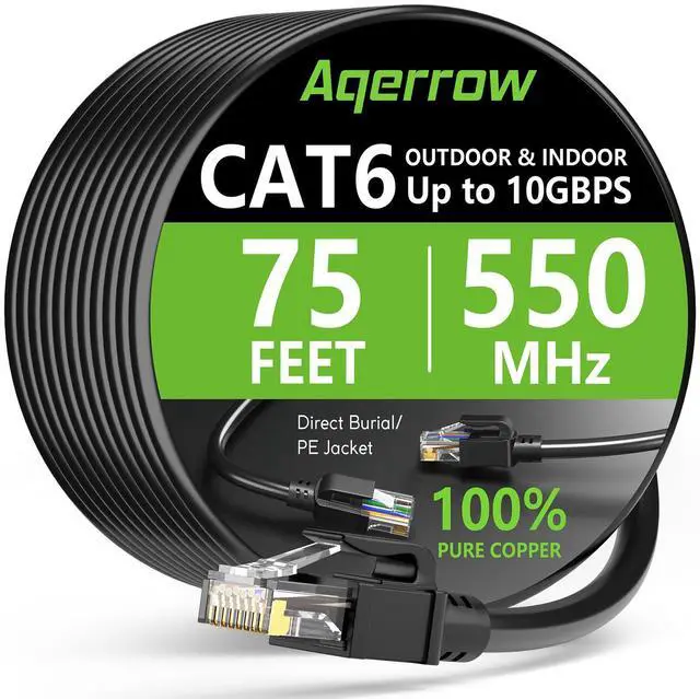 Main image of Cat6 Ethernet Cable 75FT, Outdoor Direct Burial Cat 6 Cable 24AWG High Speed Up to 10Gbps, 550MHz LLDPE (PE) UV-Resistant Waterproof RJ45 Network Internet Cable with 60 Ties for Router, Black