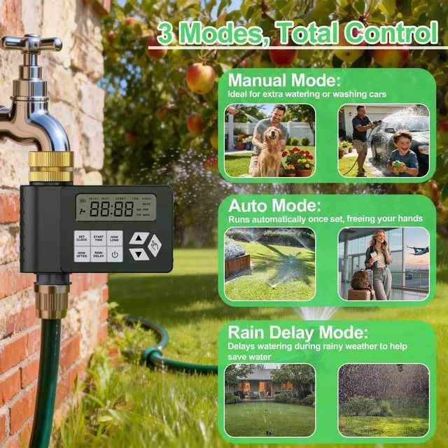 Alt view image 4 of 7 - Hose Faucet Water Timer for Outdoor Garden with Brass Inlet, Programmable Sprinkler Timer with Rain Delay/Manual/Automatic Mode, IP67 Leak-Proof Design for Lawn Yard, 1 Outlet