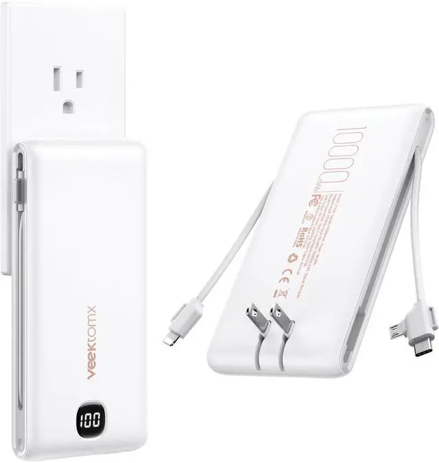 Main image of Portable Charger with Built in Cables 10000mAh, Power Bank for iPhone with AC Wall Plug, Fast Charging USB C Slim Battery Pack with LED Display Compatible with iPhone 17/16/15, Samsung