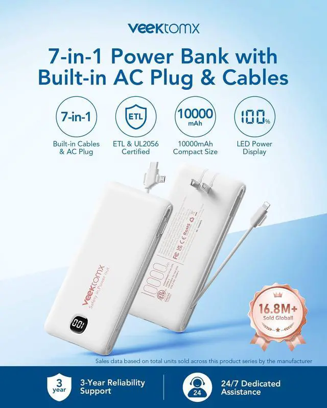 Alt view image 2 of 7 - Portable Charger with Built in Cables 10000mAh, Power Bank for iPhone with AC Wall Plug, Fast Charging USB C Slim Battery Pack with LED Display Compatible with iPhone 17/16/15, Samsung