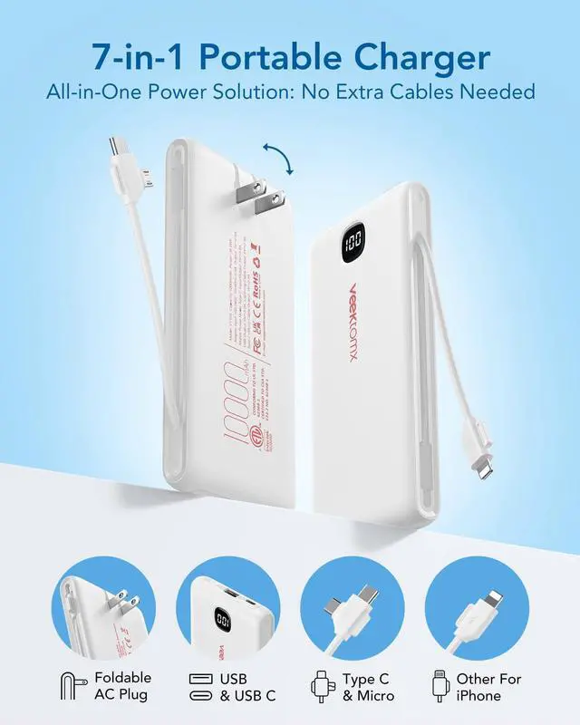 Alt view image 4 of 7 - Portable Charger with Built in Cables 10000mAh, Power Bank for iPhone with AC Wall Plug, Fast Charging USB C Slim Battery Pack with LED Display Compatible with iPhone 17/16/15, Samsung