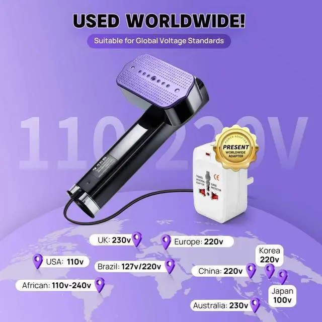 Alt view image 4 of 7 - Doer Brands Travel Steamer for Clothes Dual Voltage 110-240V, Handheld Steamer, 1100W Powerful Wrinkle Remover, Ceramic Panel, 3 Steam Levels & 360° Rotating Head,Travel Kit with Universal Adapter