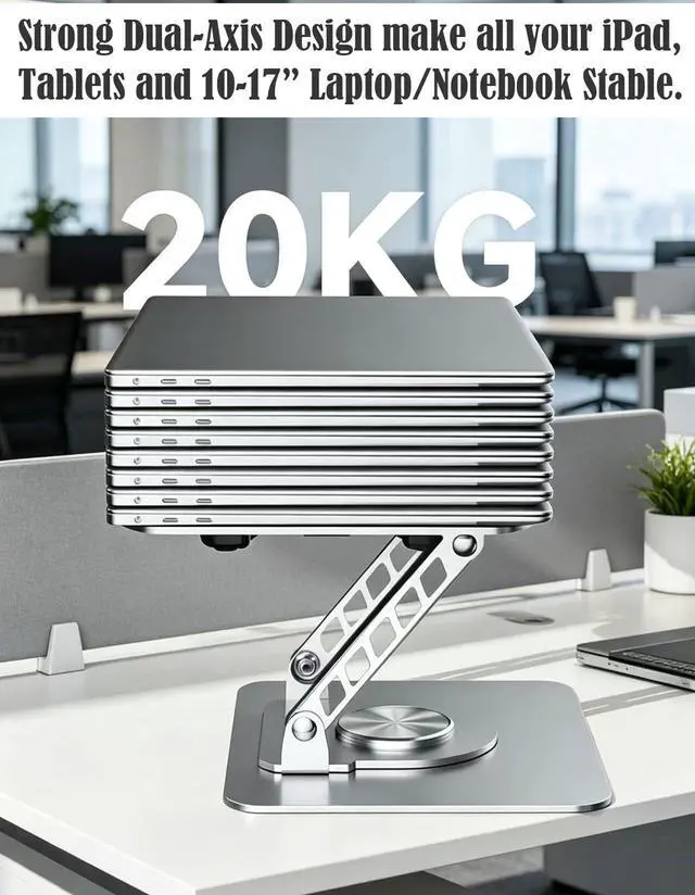 Alt view image 3 of 7 - Laptop Tablet Cooling Stand with 360° Rotation Base and USB Dual Cooler, Adjustable Height Support Compatible with Tablets, iPad, 10-17" Notebook (Silver)