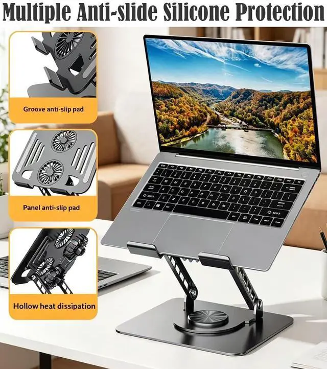 Alt view image 6 of 7 - Laptop Tablet Cooling Stand with 360° Rotation Base and USB Dual Cooler, Adjustable Height Support Compatible with Tablets, iPad, 10-17" Notebook (Silver)