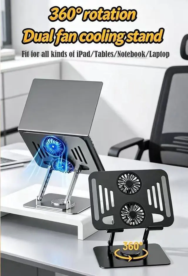 Alt view image 2 of 7 - Laptop Tablet Cooling Stand with 360° Rotation Base and USB Dual Cooler, Adjustable Height Support Compatible with Tablets, iPad, 10-17" Notebook (Silver)