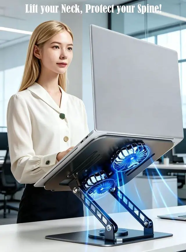 Alt view image 4 of 7 - Laptop Tablet Cooling Stand with 360° Rotation Base and USB Dual Cooler, Adjustable Height Support Compatible with Tablets, iPad, 10-17" Notebook (Silver)