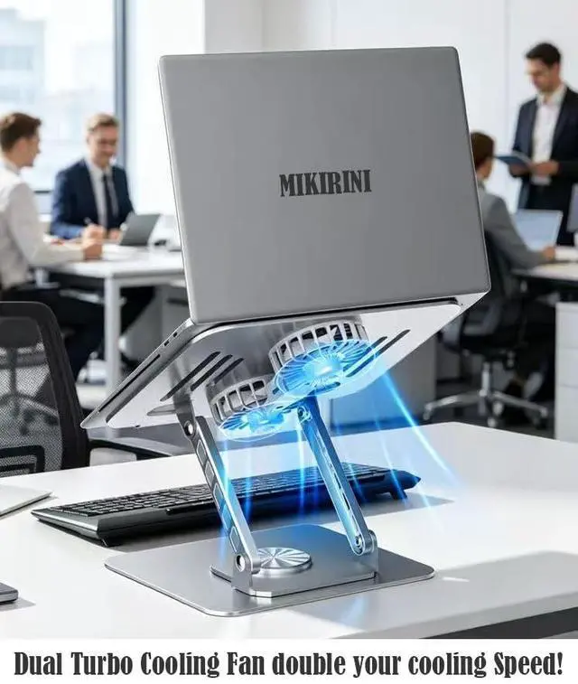 Alt view image 5 of 7 - Laptop Tablet Cooling Stand with 360° Rotation Base and USB Dual Cooler, Adjustable Height Support Compatible with Tablets, iPad, 10-17" Notebook (Silver)