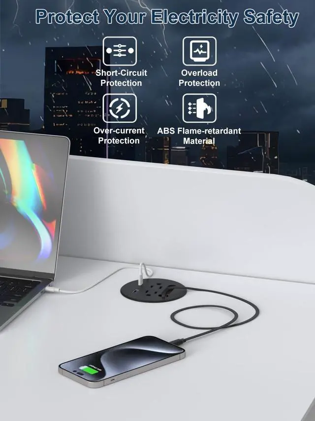 Alt view image 4 of 6 - 3'' Desk Power Grommet Built-in Retractable USB C Cables 20W USB-C/A | 2AC Outlets Recessed Power Grommet 6.6 Ft Extension Cord for Conference,Desktop Outlet for Home office (Black)