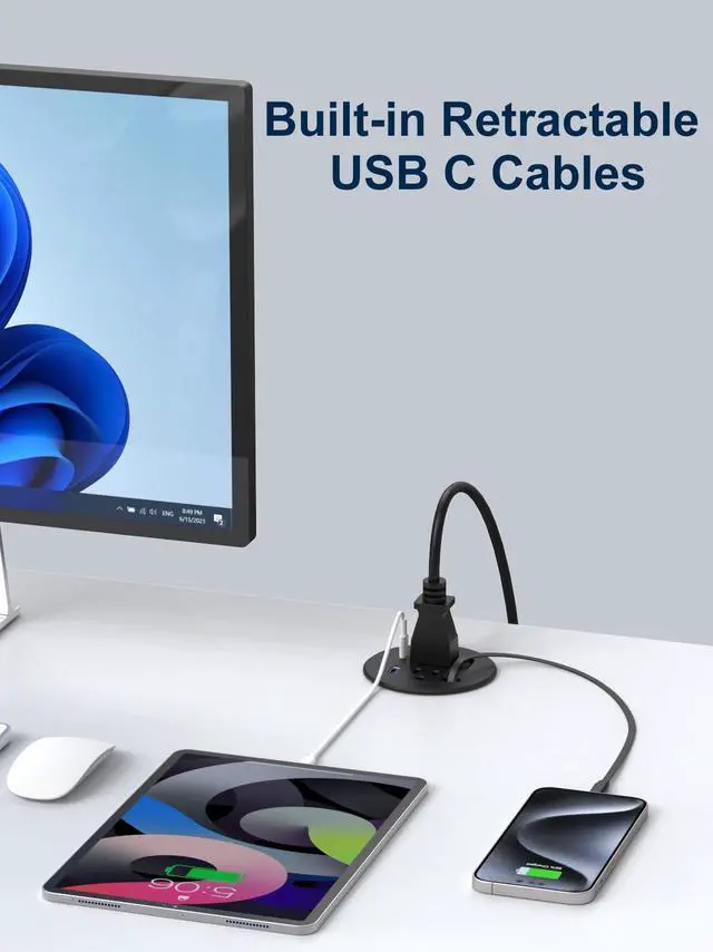 Alt view image 2 of 6 - 3'' Desk Power Grommet Built-in Retractable USB C Cables 20W USB-C/A | 2AC Outlets Recessed Power Grommet 6.6 Ft Extension Cord for Conference,Desktop Outlet for Home office (Black)