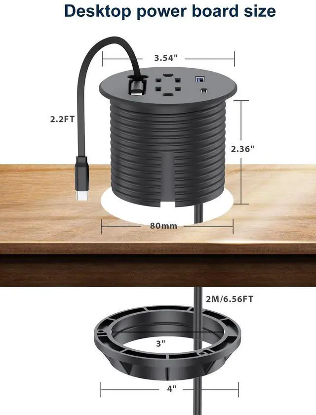 Alt view image 5 of 6 - 3'' Desk Power Grommet Built-in Retractable USB C Cables 20W USB-C/A | 2AC Outlets Recessed Power Grommet 6.6 Ft Extension Cord for Conference,Desktop Outlet for Home office (Black)