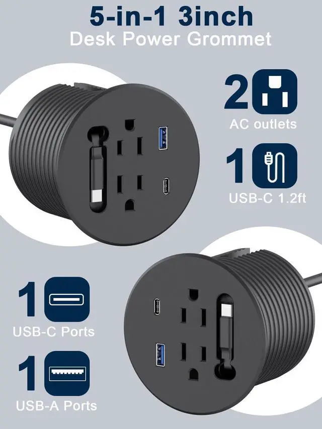 Alt view image 3 of 6 - 3'' Desk Power Grommet Built-in Retractable USB C Cables 20W USB-C/A | 2AC Outlets Recessed Power Grommet 6.6 Ft Extension Cord for Conference,Desktop Outlet for Home office (Black)