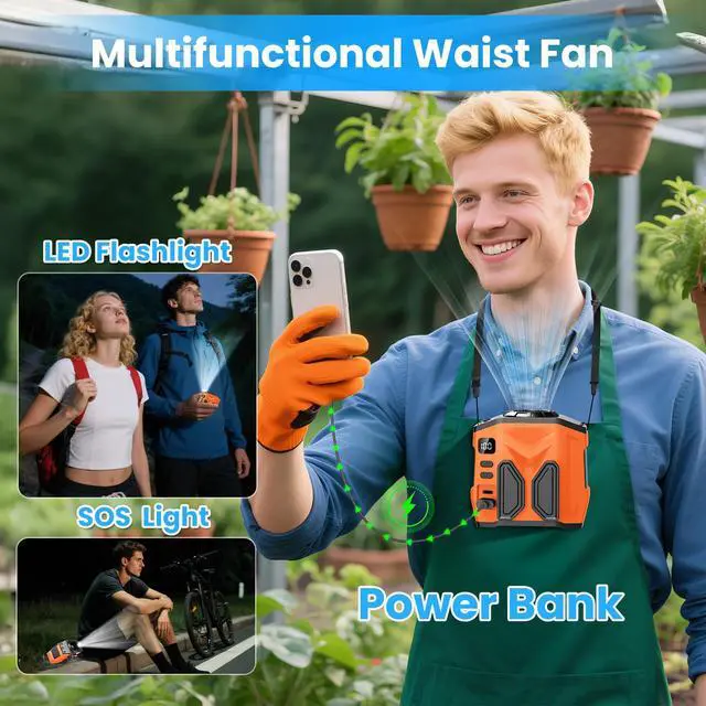 Alt view image 5 of 7 - Portable Personal Waist Fan Rechargeable, 10000mAh 5 Speeds 13500RPM Strong Airflow, LED Light & 30H Runtime, Hands-Free Shirt/Belt/Neck Clip on Fan for Camping, Work, Outdoor, Travel