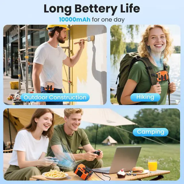 Alt view image 6 of 7 - Portable Personal Waist Fan Rechargeable, 10000mAh 5 Speeds 13500RPM Strong Airflow, LED Light & 30H Runtime, Hands-Free Shirt/Belt/Neck Clip on Fan for Camping, Work, Outdoor, Travel