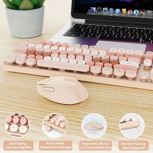 Alt view image 5 of 7 - Wireless Keyboard and Mouse, Full-Size Typewriter Keyboard with Retro Round Keycaps, Ergonomic Design, Compatible with Windows PCs, Ideal for Home and Office. (Milk Tea)