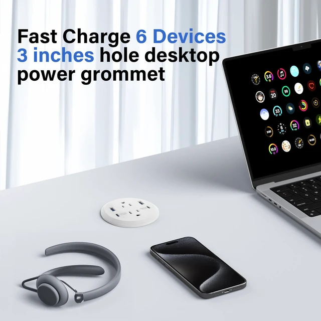 Alt view image 3 of 7 - 3 inch Desktop Power Grommet USB C,65W Fast Charging Station,Furniture Recessed Power Strip,2 Outlets,4 USB Ports,Flush-Mount for Desktop, Workspace Essential Desk Outlet,2 Pack (White)