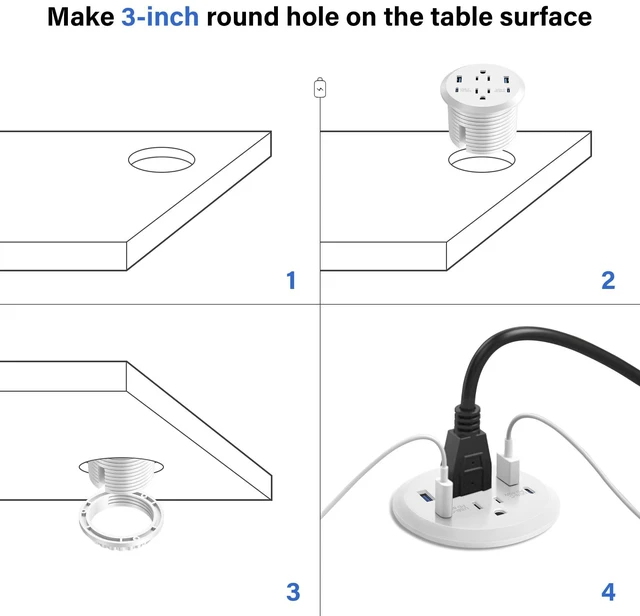 Alt view image 6 of 7 - 3 inch Desktop Power Grommet USB C,65W Fast Charging Station,Furniture Recessed Power Strip,2 Outlets,4 USB Ports,Flush-Mount for Desktop, Workspace Essential Desk Outlet,2 Pack (White)