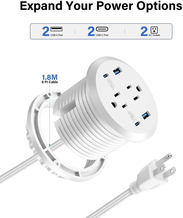 Alt view image 4 of 7 - Recessed Power Grommet 65W USB-C,2 Outlets,Flush-Mount,White 3inch Hole Flush-Mount for Desktop,Workspace Essential Desk Outlet,ETL Listed