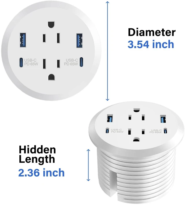 Alt view image 4 of 7 - 3 inch Desktop Power Grommet USB C,65W Fast Charging Station,Furniture Recessed Power Strip,2 Outlets,4 USB Ports,Flush-Mount for Desktop, Workspace Essential Desk Outlet,2 Pack (White)