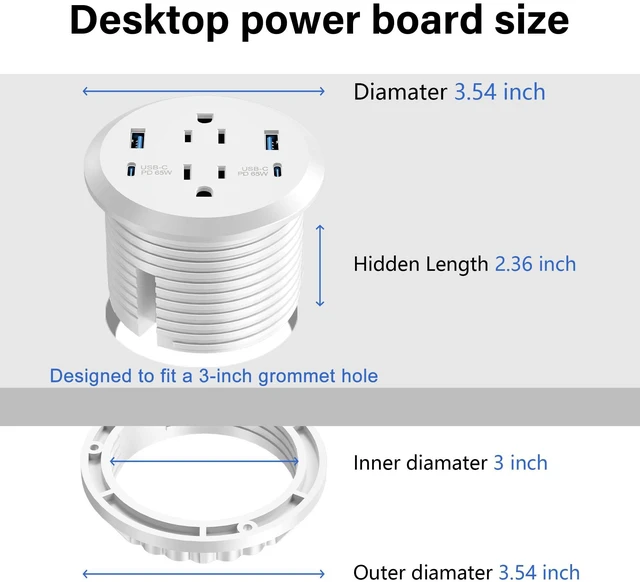 Alt view image 5 of 7 - 3 inch Desktop Power Grommet USB C,65W Fast Charging Station,Furniture Recessed Power Strip,2 Outlets,4 USB Ports,Flush-Mount for Desktop, Workspace Essential Desk Outlet,2 Pack (White)