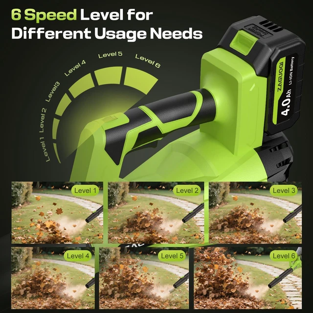 Alt view image 5 of 6 - Leaf Blower Cordless 650CFM 288MPH Electric Leaf Blower with 2 x 4.0Ah Battery Operated, 6 Speed Mode, 20V Powered Handheld Blowers for Lawn Care, Patio, Dust, Blowing Leaves