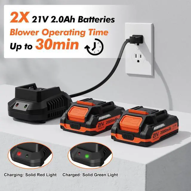 Alt view image 2 of 7 - Leaf Blower Cordless - 21V Powerful Electric Leaf Blower with 2 Batteries and Charger, 2 Speed Modes, 2.0Ah Lightweight Battery Powered Leaf Blowers for Lawn Care, Patio, Dust, Blowing Leaves